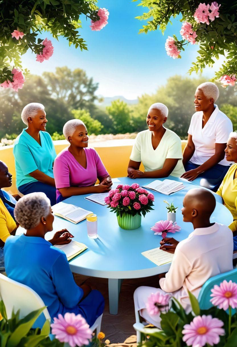 A diverse group of cancer survivors sharing their inspiring stories in a warm, sunlit support group setting, surrounded by blooming flowers symbolizing hope and resilience. The background should feature uplifting quotes on wellness, with soft pastel hues creating a comforting atmosphere. Include elements of nature, like a clear blue sky and gentle green leaves, to emphasize healing and growth. 3D effect. vibrant colors.